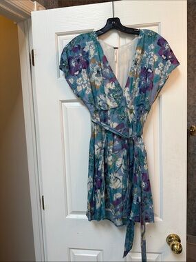 Free People Teal Floral Mini Dress with Purple Accents